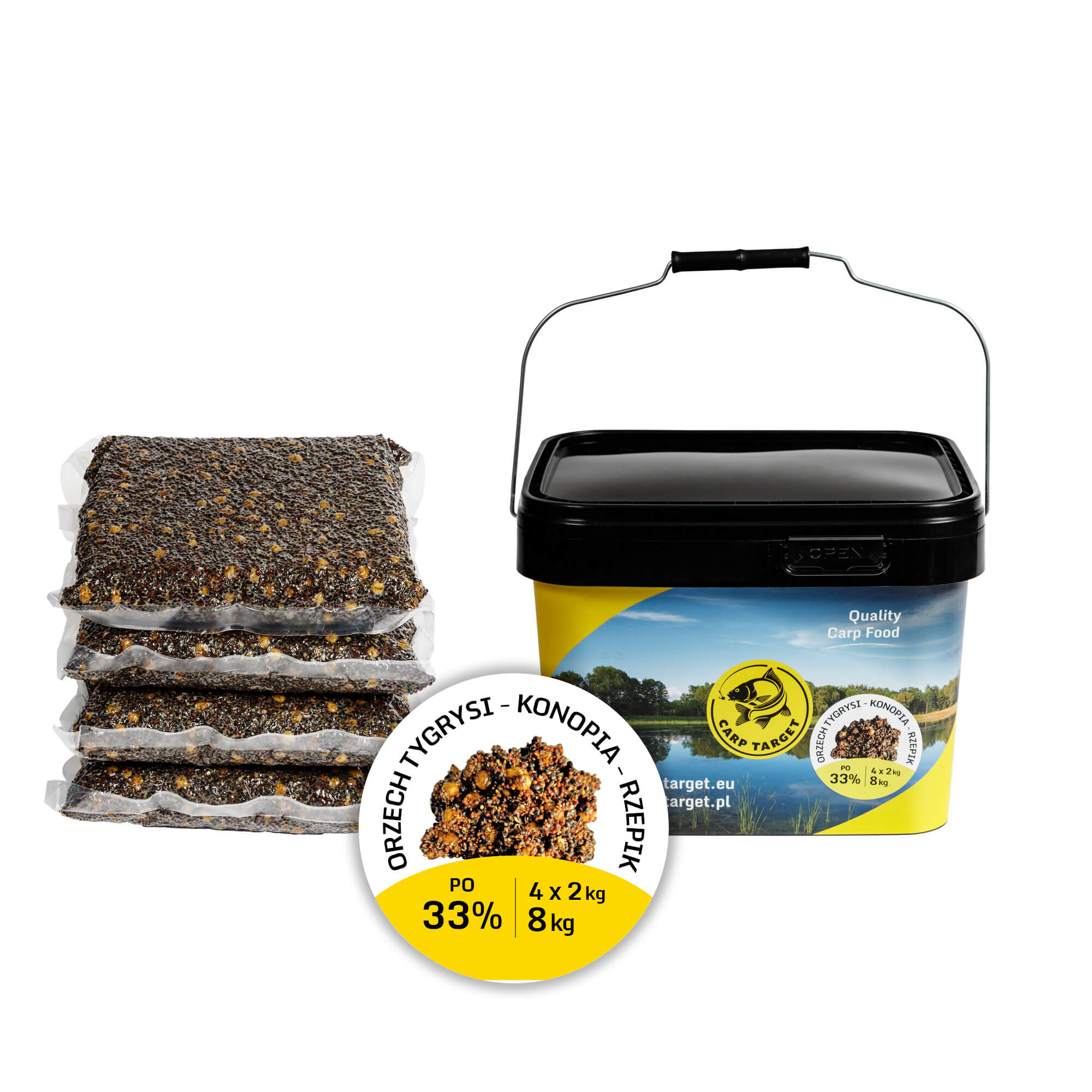 Orzech Tygrysi Konopie Rzepik Mix Ziaren Zanęta 8 kg (4x2kg) + Wiadro 10L